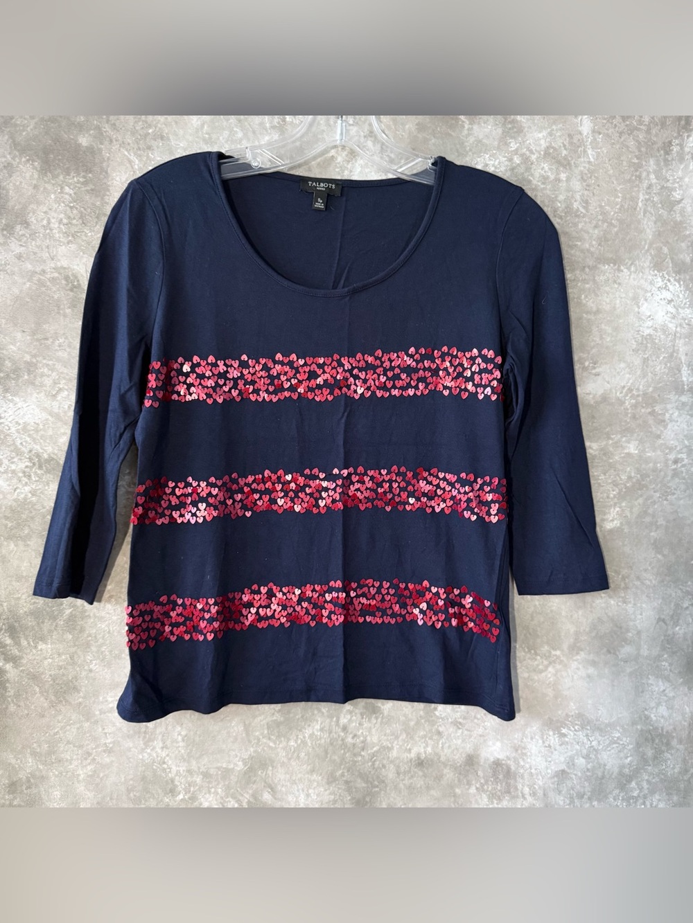 Talbots Navy Long Sleeve Tee with Pink Sequin Heart Stripes (love 24)